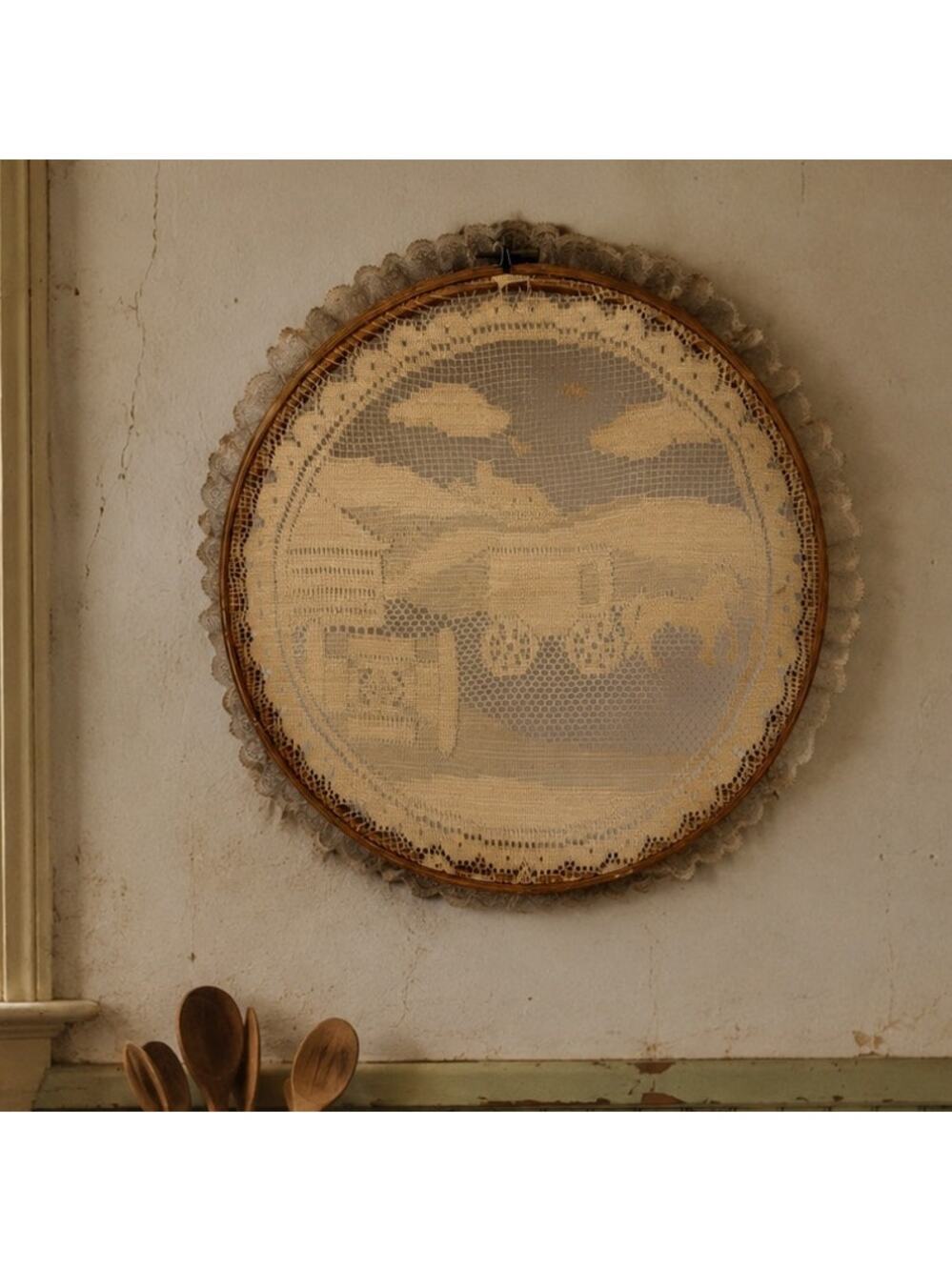 1970's Folk Art Lace Embroidery Hoop